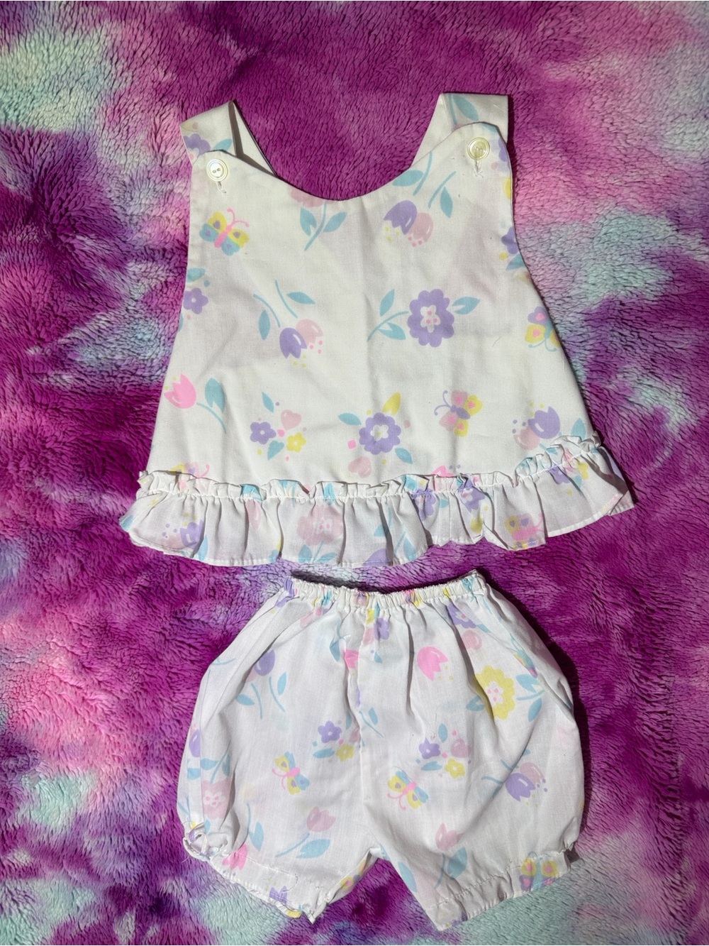 Vintage Pastel Floral Ruffle Two-Piece Set - Purple, Pink, Yellow, Blue